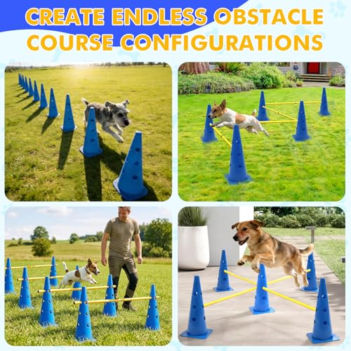 Wdmiya 18.9" Dog Agility Training Hurdle Cone Set, Dog Agility Course Backyard Set with Height Adjustable Crossbar, Dog Agility Equipment for Obedience, Rehabilitation, Starter - 12 Cones & 6 Poles