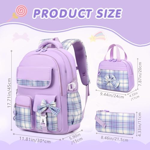 GeeWin School Backpack for Girls, Bookbags Back Pack School Bag for Teen Girl Elementary Middle School Student, Cute Stylish Plaid Girls Backpack with Matching Insulated Lunch Bag & Pencil Bag(Purple) - color: Purple