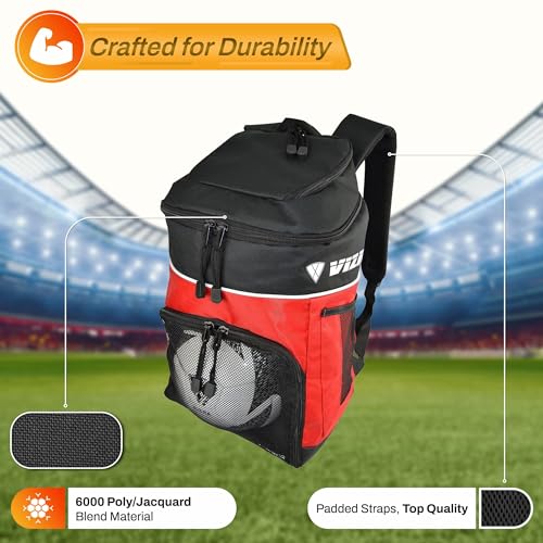 Vizari Soccer Backpack Soccer Bag | Water resistant Durable Equipment Bag for Football, Basketball, Volleyball | Cleats and Ball Compartment - Red,Blue,Black - color: RED