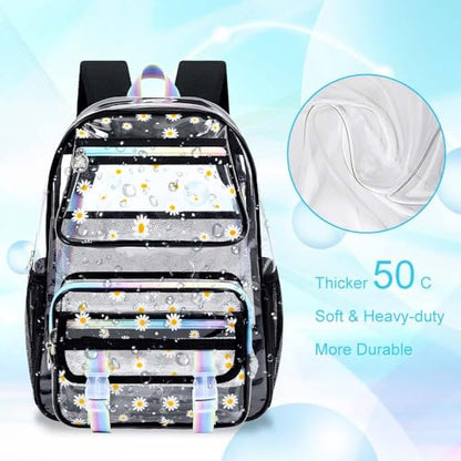 KLFVB See Through Backpack Heavy Duty, 3PCS Girls Clear School Bag Set, Cute Transparent Bookbag for Women - Chrysanthemum Black - color: Chrysanthemum Black Clear Backpack