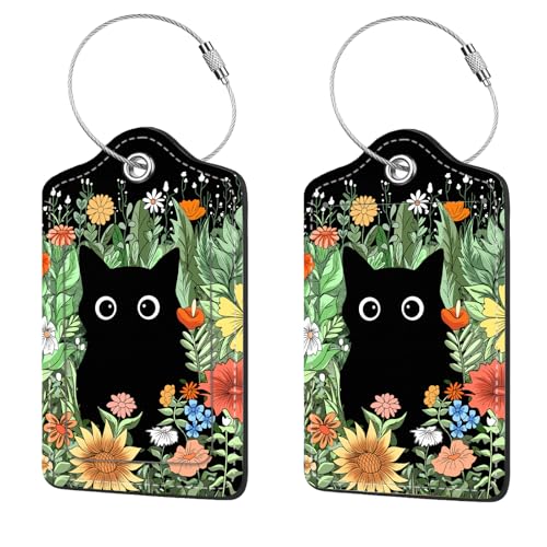 2 Pcs Luggage Tags for Suitcase, Cute Unique PU Leather Travel Bag Tag with Privacy Cover ID Label Address Card and Durable Metal Ring Suitable for Men Women Children Backpack,Cat in the Bush - color: Cat in the Bush