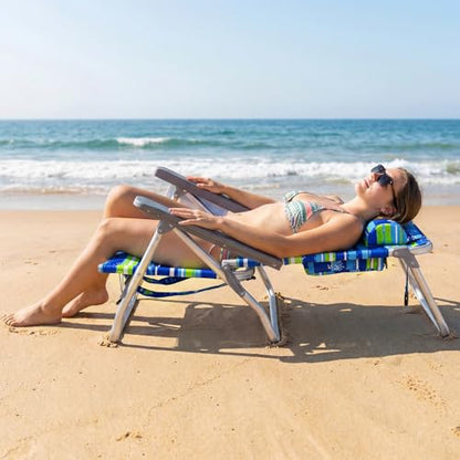 COSTWAY Portable Folding Backpack Beach Chairs Set of 2 with 5-Position Backrest, Padded Headrest, Cup Holder & Ice Bag for Lawn, Poolside (Blue Stripe) - color: Blue Stripe
