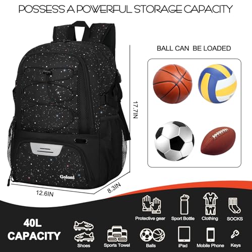 Goloni 40L Basketball Bag,Large Basketball Backpack with Ball Compartment & Shoe Compartment,Backpack for Soccer,Volleyball - color: Starry Sky Black