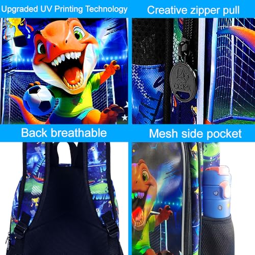 16" Dinosaur Soccer Backpack Set for Boys 4-8, 3Pcs Preschool Bookbag with Football Lunch Box & Pencil Case, Lightweight School Bag (Blue) - color: Soccer Dinosaur Blue