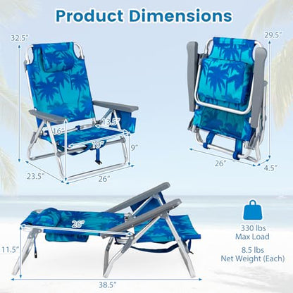 COSTWAY Portable Folding Backpack Beach Chairs Set of 2 with 5-Position Backrest, Padded Headrest, Cup Holder & Ice Bag for Lawn, Poolside (Coconut Blue) - color: Coconut Blue