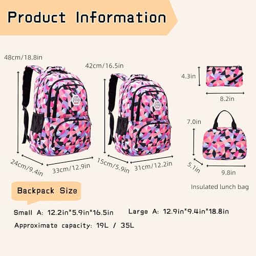Bansusu 3Pcs Pink-a-3pcs Geometric Print Backpack and Lunch-Bag Set for Girls School Elementary Bookbags, 12.999.4418.89inch - color: 3pcs-pink-a, size: Small-A-3Pcs