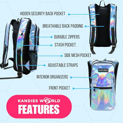Kandies World Reflective Festival Hydration Pack - 2L Hydropack for Raves, Hiking, Biking, Running, and More (with Anti-Theft Pocket) - style: Blue Holographic