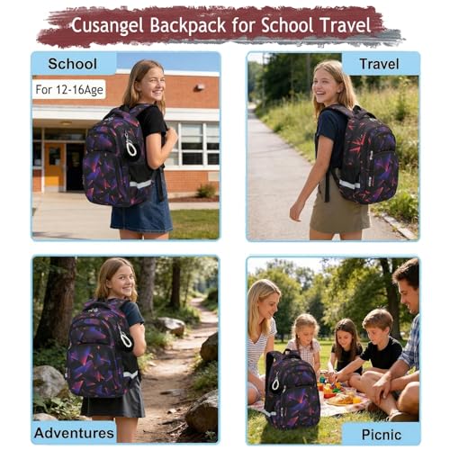 Cusangel kids Backpack for School Boys Girls 6-12ages,16in Bookbag Stitch,durable Water Resistant,7 Pockets, Adjustable Chest Strap,Reflective Strip,Large For Travel,Gifts(Black Purple) - color: Black Purple-17in