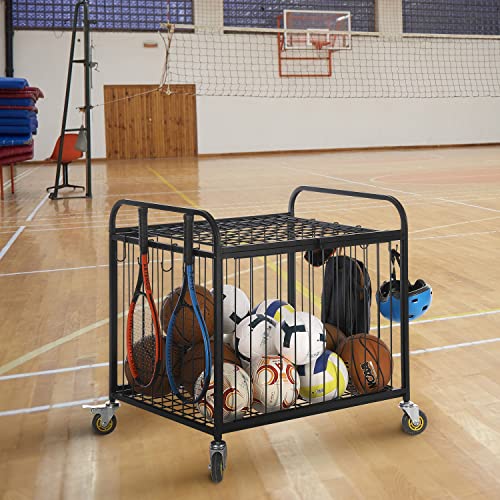MyGift Large Capacity Metal Rolling Multi Sports Ball Cage Storage Hopper, Gym Equipment Basket Cart with Lockable Latch, Heavy Duty Caster Wheels, and 8 Accessory Hooks - color: Black