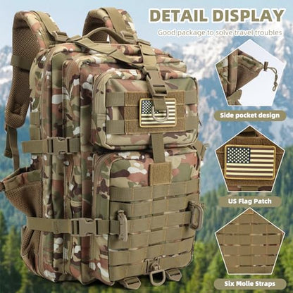 Hannibal Tactical 45L MOLLE Assault Pack, Tactical Backpack Army Military Camping Rucksack with Bottle Holder, 3-Day Pack Travel Trip w/USA Flag Patch, D-Rings, CP Camo - color: Cp, size: 45L