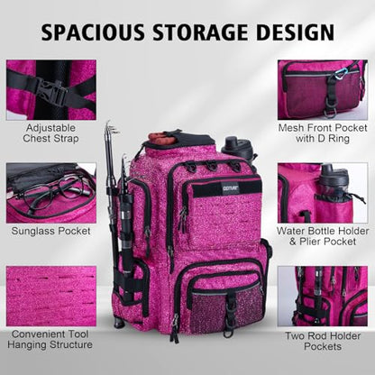 Goture Fishing Backpack, 900D Water-Resistant Tackle Backpack with Rod Holders, 45L Large Fishing Bag Storage Gear Tackle Bag with 8 Lure Pockets, Rain Cover for Camping Hiking(Without Tackle Box) - color: 45L Bling Pink with 8 Lure Pockets