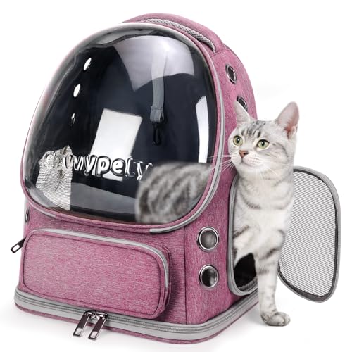 Cawypety Cat Backpack Carrier, Breathable Cat Carrier Large Space Bubble Pet Backpack for Kitty Small Dog up to 12lbs, Transparent & Foldable Pet Carrier for Travel Hiking（Pink） - color: Pink