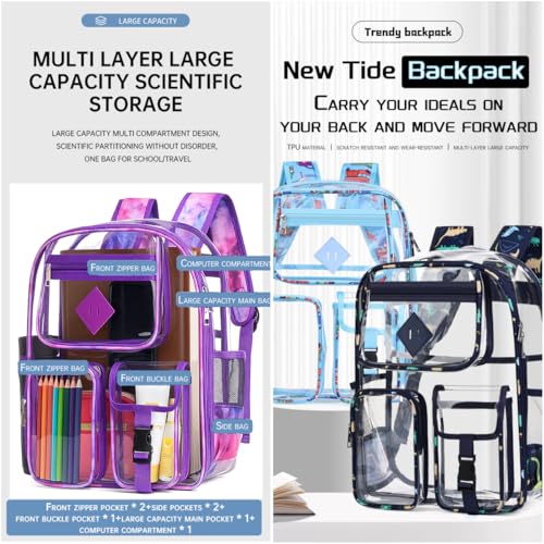 Clear Backpack-Heavy Duty PVC clear backpack for Stadium/Travel/Work,Dual Zippered Compartments&Mesh Side Pockets (purple) - color: Purple