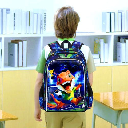 16" Dinosaur Soccer Backpack Set for Boys 4-8, 3Pcs Preschool Bookbag with Football Lunch Box & Pencil Case, Lightweight School Bag (Blue) - color: Soccer Dinosaur Blue