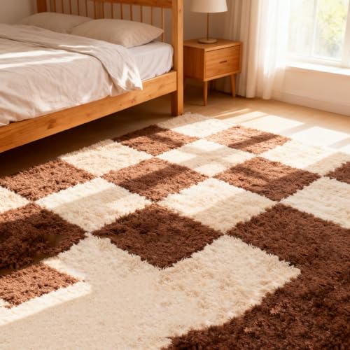 Thickened Plush Foam Interlocking Floor Carpet Mat,24 Piece 12x12in Fluffy Square Puzzle Foam Carpet Tiles with Edgings,Soft Anti-Slip Shaggy Area Rug Playmat(Color:Dark Curry + Light Curry) - color: Dark Curry + Light Curry