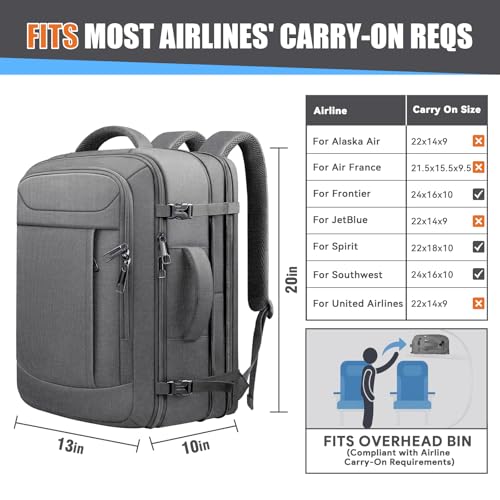 Extra Large Travel Backpack 45L Expandable, Waterproof Wet Pocket Carry On Daypack, Anti-Theft TSA 18 Inch Laptop Bag for Men Women Flight Approved Weekender Duffel, Grey - color: Grey, size: XX-Large