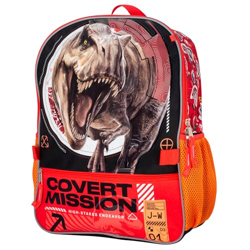 AI ACCESSORY INNOVATIONS Jurassic World 5 PC Backpack Set, Girls & Boys Big Face School Bag 16” with Front Zip Pocket - color: Jurassic