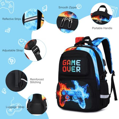 Scothen 3PCS Boys Backpack Set, Cool Backpack for Boys with Lunch Bag & Pencil Case, Kids School Bag Teen Boy Bookbag for Kindergarten Elementary Middle School with USB Charging Port - color: Red & Blue Flame