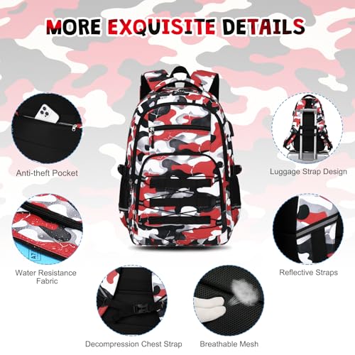 ACESAK Camo Backpack for Boys, Tactical Kids Backpack Boys, School Bags for Boy Children Teens Kids Elementary Middle High School, Military Bookbag and Lunch Bag Pencil Case Set with USB Charging Port - color: Red White