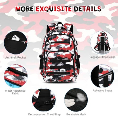 ACESAK Camo Backpack for Boys, Tactical Kids Backpack Boys, School Bags for Boy Children Teens Kids Elementary Middle High School, Military Bookbag and Lunch Bag Pencil Case Set with USB Charging Port - color: Red White