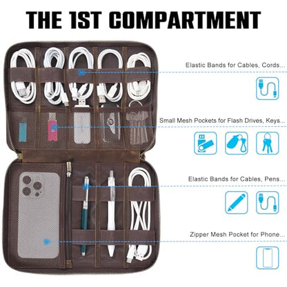 TIDING Leather Cable Electronics Organizer Case, Double Layer Travel Electronic Storage Bag for Charger, Cables, Phone, SD Card