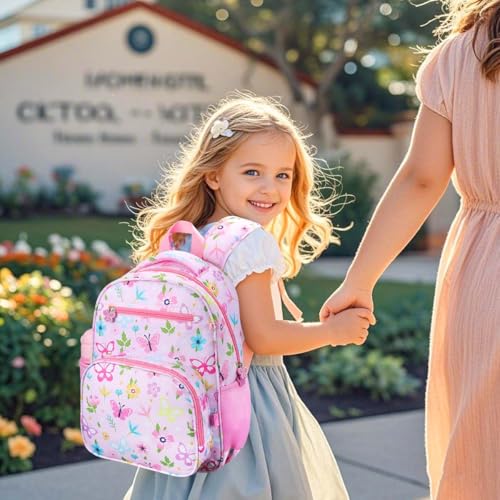 RHCPFOVR Kids Backpack for Girls - Girls Backpack 3-8 Ages Butterfly for Kids 15 Inch School Bookbag for Kindergarten Elementary School Bookbag for Girl 1st 2nd Grade - style: Pink Flowers