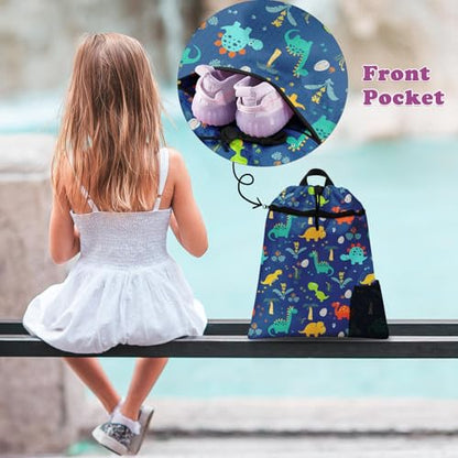 Blue Dinosaur Drawstring Backpack, 15” x 17” Waterproof Swim Bag for Beach Swimming Pool, Lightweight Foldable Gym Bag with Water Bottle Holder for Sports Travel - color: Blue Dinosaur