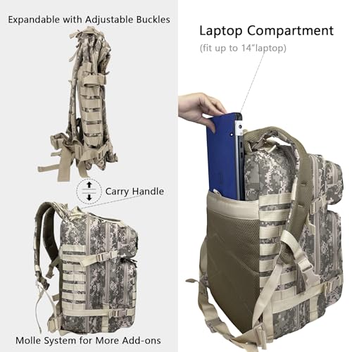 WOLT | Military Tactical Backpack for Men, Large Army 3 Day Assault Pack with MOLLE Bag for Hiking Survival Gear, Range Bag (CamouflageGrey) - color: Camouflagegrey