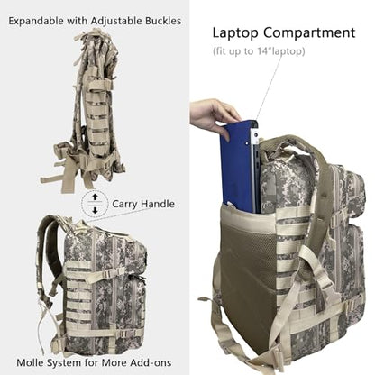 WOLT | Military Tactical Backpack for Men, Large Army 3 Day Assault Pack with MOLLE Bag for Hiking Survival Gear, Range Bag (CamouflageGrey) - color: Camouflagegrey