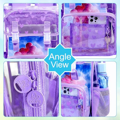17" Clear Backpack for Girls, School Kids Transparent Bookbag Set, 3Pcs Stadium Approved See Through Backpack with Lunch Box (Purple) - color: Clear Love Purple Flip