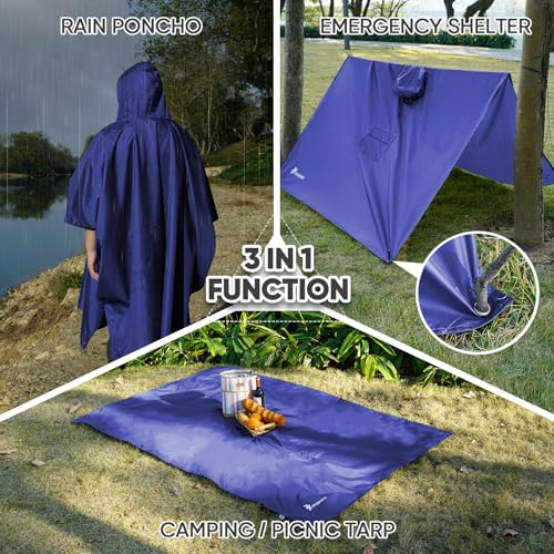 PTEROMY 3-in-1 Hooded Rain Poncho for Adult with Pocket, Waterproof Lightweight Unisex Raincoat for Hiking Camping Emergency - color: Blue 1/4 Zipper