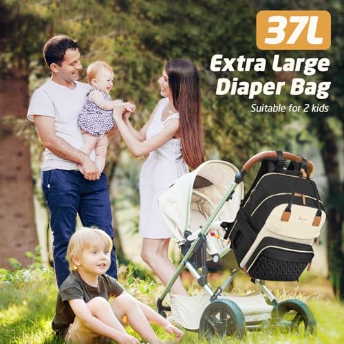 Diaper Bag Backpack - Extra Large Diaper Backpack for 2 Kids Twin, Travel Baby Bags for Mom Dad 25-37L Expandable with Changing Pad, Quilted Beige Black - color: Quilted_beige Black