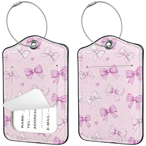 2 PCS Luggage Tags for Suitcases,Cute Pink White Bow PU Leather Name Tag with Privacy Cover&ID Label Address Card and Durable Metal Ring Suitable for Men Women Travel Bag - color: Pink White Bow