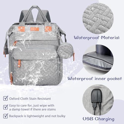 JOYCE Diaper Bag Backpack with Changing Pad, Water-Resistant, Grey | Portable changinag pad, insulated bottle pockets, stroller straps, pacifier case, Multi-Compartment storage - color: Grey