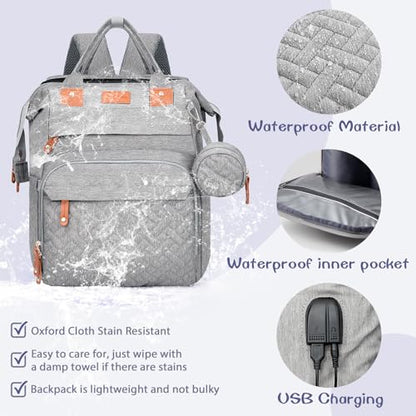 JOYCE Diaper Bag Backpack with Changing Pad, Water-Resistant, Grey | Portable changinag pad, insulated bottle pockets, stroller straps, pacifier case, Multi-Compartment storage - color: Grey