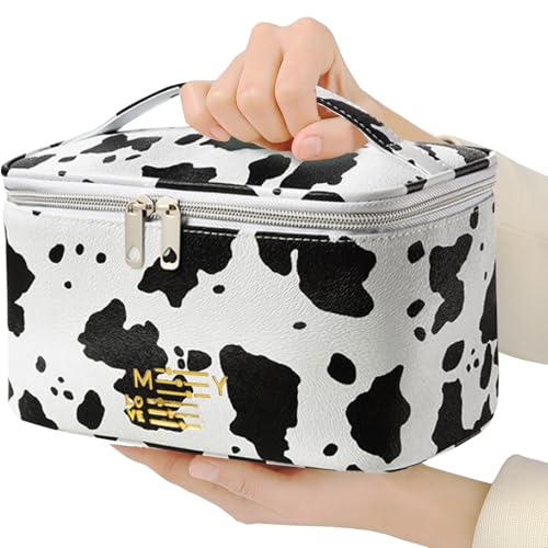 Meiyuuo Makeup Bag Large Cosmetic Bags for Women Girls Cute Travel Zipper Pouch Toiletry Organizer for Beauty Essentials Waterproof (Cow Print) - color: Print Cow Spots