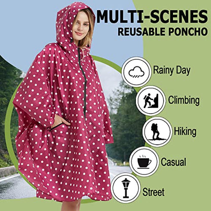 Fashion Hooded Rain Poncho Waterproof Raincoat Jacket with pocket for Women/Men/Adult - color: Rose Red White Point