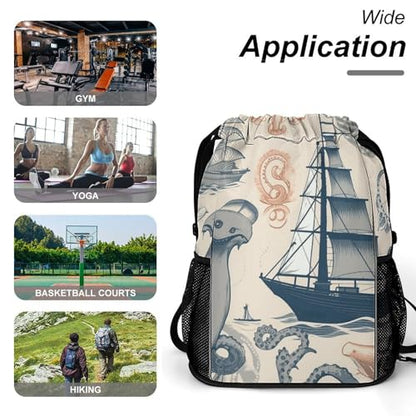 Lighthouse Sailboat Fish Shells Octopus Drawstring Backpack with Wet Pocket - Large Capacity Gym Bag with Shoe Compartment & Mesh Pockets, Adjustable Lightweight Gym Backpack for Swimming, Travel, Wor