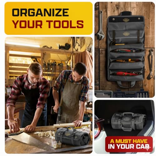 The Ryker Bag Black Pro Tool Roll – Heavy-Duty Canvas Roll-Up Tool Organizer w/detachable pouches for Bolts, Sockets & Small Power Tools for Electricians, Plumbers, HVAC Techs & DIY Professionals - style: Black PRO