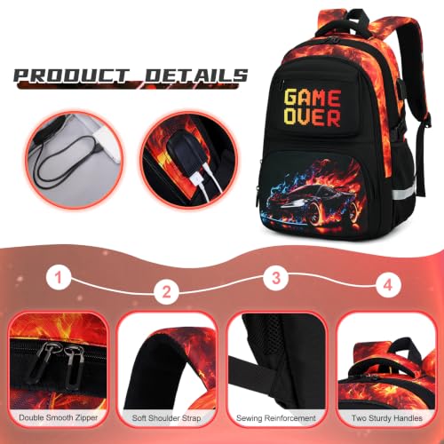 Scothen 3PCS Boys Backpack Set, Cool Backpack for Boys with Lunch Bag & Pencil Case, Kids School Bag Teen Boy Bookbag for Kindergarten Elementary Middle School with USB Charging Port - color: Red Flame Race Car