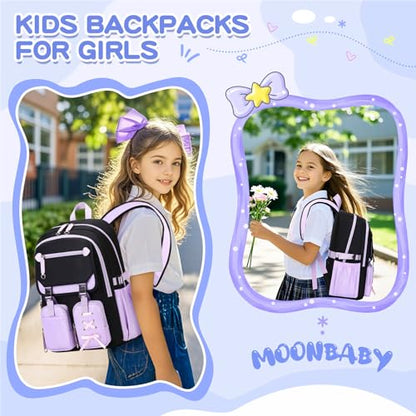 MOONBABY Girls Backpack with Lunch Box & Pencil Case for Kids Teens Bookbag for Elementary Primary Middle High School Daypack - color: Purple