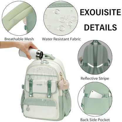 School Backpack for Girls, Laptop Backpack 15.6 Inch Kids Elementary Middle High School Bag Anti Theft Cute College Bookbags for Teens Girls Women Students Casual Travel Daypack,Green Beige - color: Green