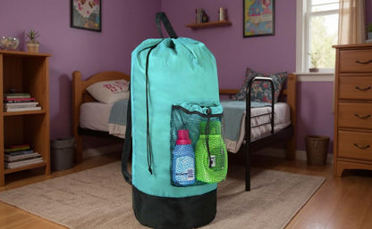 Turquoise Laundry Backpack with Mesh Pocket, Adjustable Straps and Drawstring Closure - Large Portable Hamper for College, Apartment and Laundromat - color: Turquoise