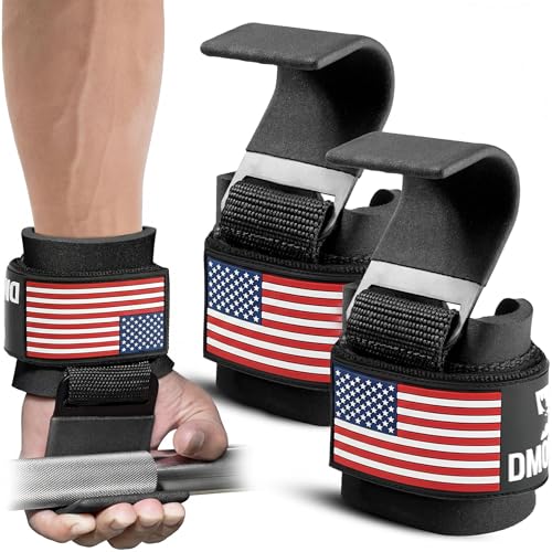 DMoose Fitness Weight Lifting Hooks (Pair) for Deadlifts, Pull Ups, Rows & Shrugs - Anti-Rip Nylon Strap Hand Grips with Thick Wrist Padding - Heavy Duty Wrist Straps for Weightlifting & Gym Workouts - color: American