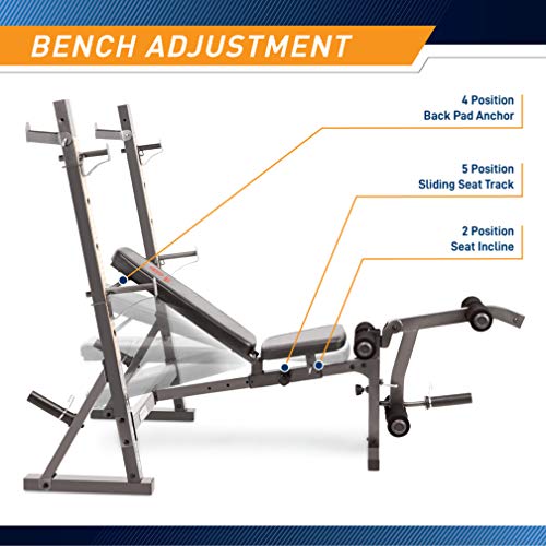 Marcy Olympic Workout Bench for Home Gym Strength Training Equipment with Preacher Curl Pad and Weight Rack Storage, White/Black - style: Standard