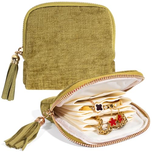 LETGO Travel jewelry organizer,Travel Organizer jewelry for Women,6-Layer Velvet with Zipper Jewelry Pouch Bags for Bangles Link Bracelets Rings Earring Storage (Olive Green) - color: Olive Green