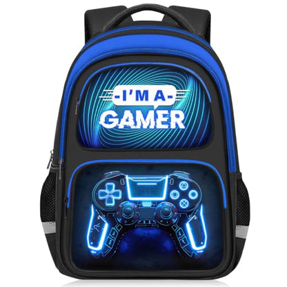 School Backpack for Boys - Gamer Boys Backpack for Kids Children Teens Elementary Middle School - 17″ Video Game Bookbag Travel Back Pack for Age 6-18 - color: Gamer Blue-backpack Only
