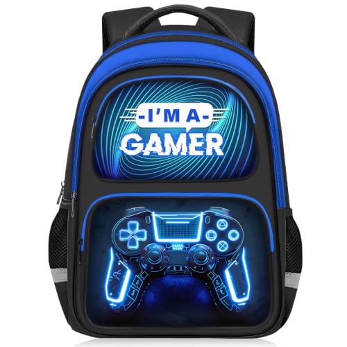 School Backpack for Boys - Gamer Boys Backpack for Kids Children Teens Elementary Middle School - 17″ Video Game Bookbag Travel Back Pack for Age 6-18 - color: Gamer Blue-backpack Only