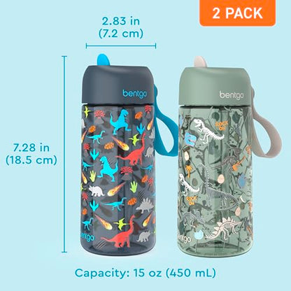 Bentgo Kids Water Bottle 2-Pack - Leak-Proof Durable Tritan BPA-Free 15 oz Cup for Kids/Toddlers Ages 3+; Bite & Sip Spout + Dishwasher Safe for School/Sports/Daycare/Camp (Dinosaur/Dino Fossils) - color: Dinosaur & Dino Fossils