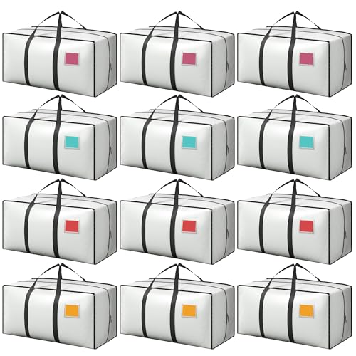 12 Pack Moving Bags with Full-Open Side Zipper, Extra Large 93L Heavy Duty Waterproof Foldable Storage Totes for College Dorm, Moving & Home Organization,White - color: White, size: 12Pack